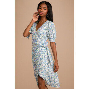 Lulus Exquisite Style White Floral Print Puff Sleeve Faux-wrap Dress Blue